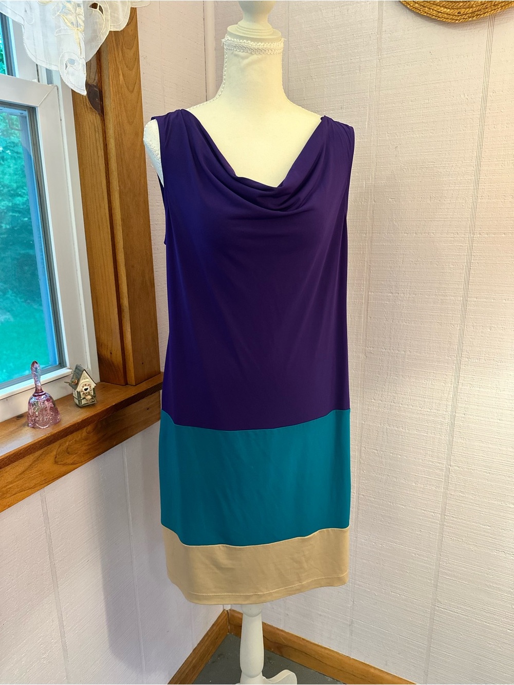 dressbarn Sleeveless Colorblock Midi Dress in Purple, Teal & Beige